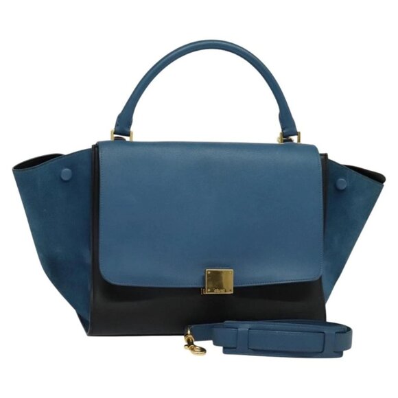 CELINE Trapeze Hand Bag Leather 2way Blue Gold Auth BA2576 - Picture 1 of 16